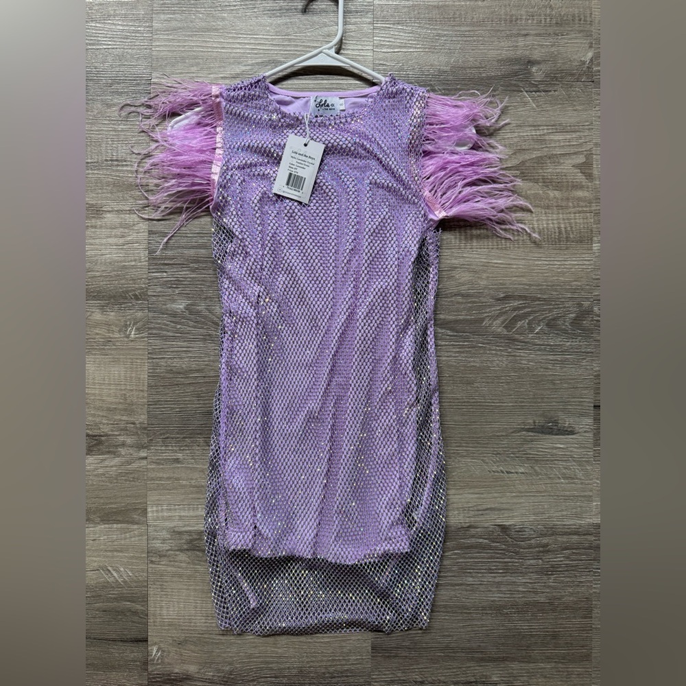 Lola + The Boys Sparkling Lavender Feather Dress - Picture 3 of 3